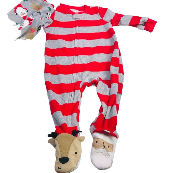 2 Pack Just One You Made By Carter's Baby Size 9 Month Santa Footed Pajama New - Picture 2 of 16